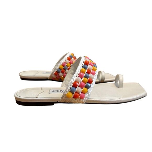 Jimmy Choo Women's White Amoure Flat Embellished Beaded Raffia Sandals size 38.5 - Picture 7 of 10